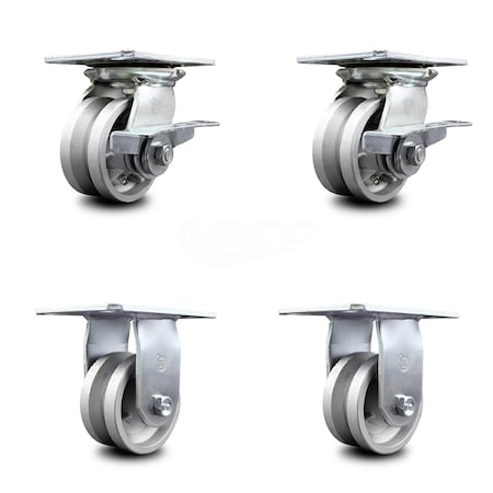 Service Caster 4 Inch V Groove Semi Steel Caster Set with Ball Bearing 2 Brakes and 2 Rigid SCC SCC-35S420-VGB-SLB-2-R-2